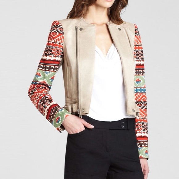 Bcbg Maxazria Peter Printed Sleeve Moto Jacket Pumice Beige Suede Aztec Size M